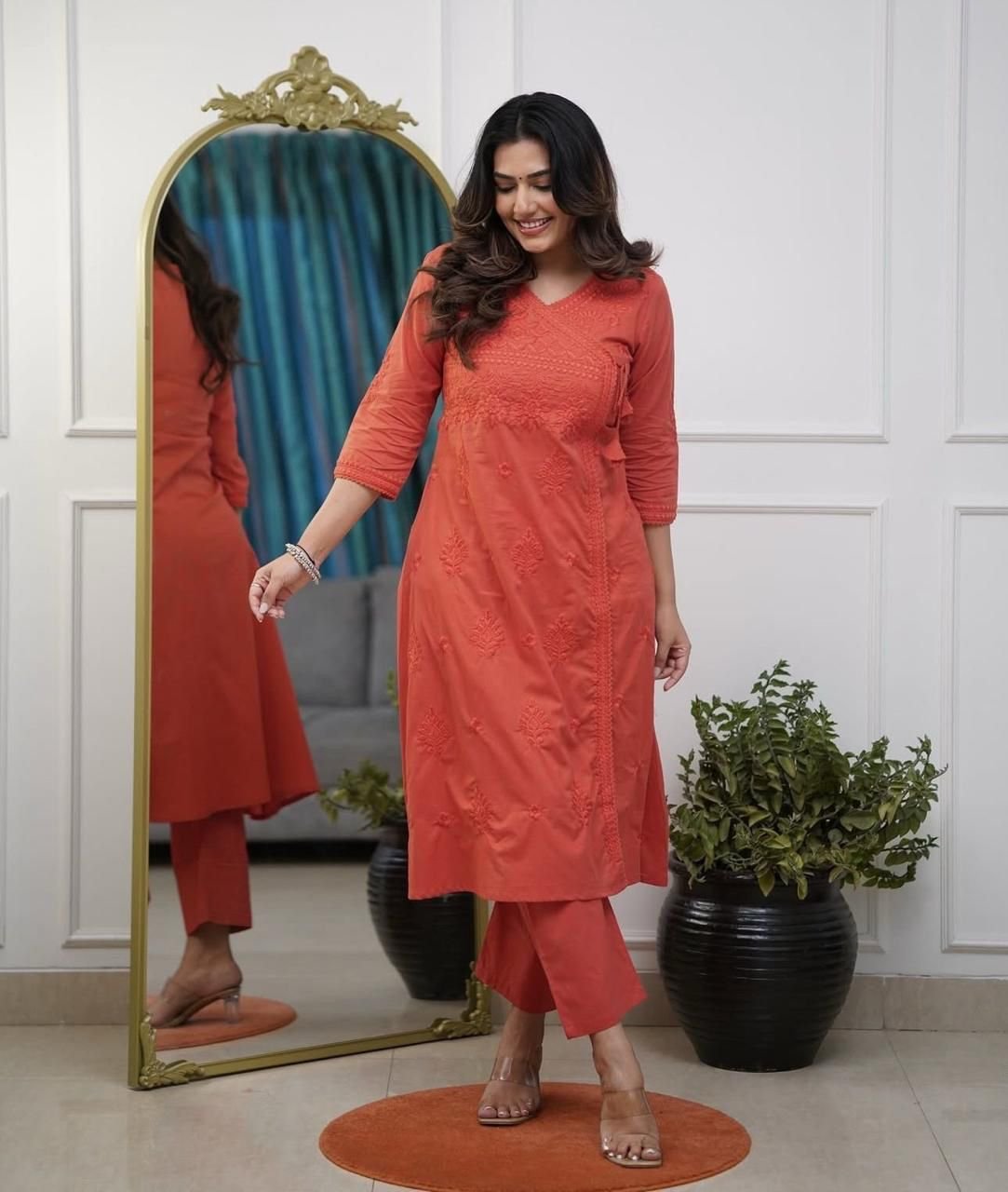 Orange Chikankari Cotton Angrakha Kurti Pant Set
